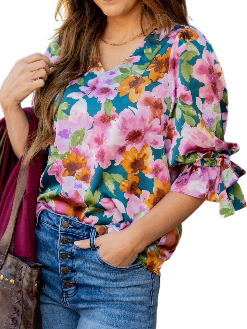Watercolor Floral Tie Sleeve Blouse‎
